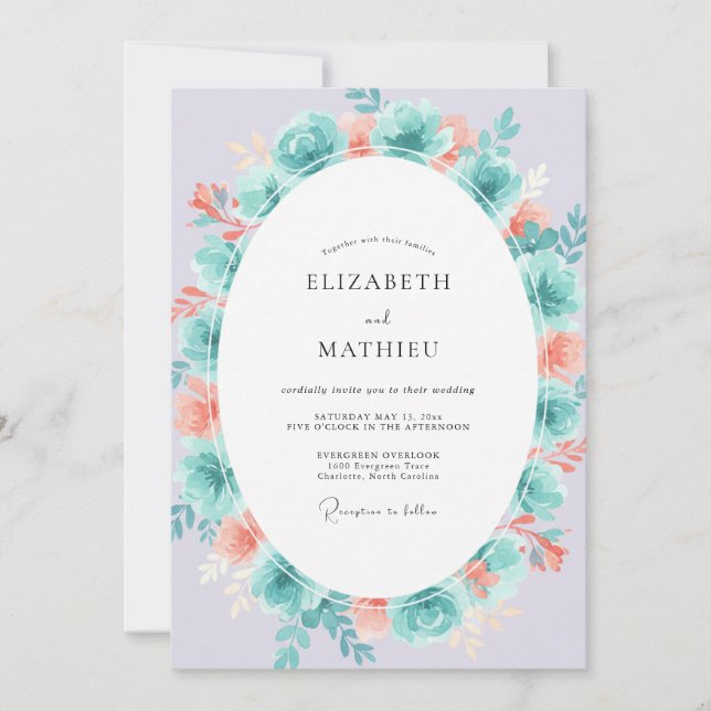 Teal Peach Succulent Eucalyptus Wedding Invitation (Front)