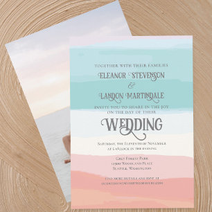 Teal Peach Watercolor Sunset Outdoor Wedding Invitation