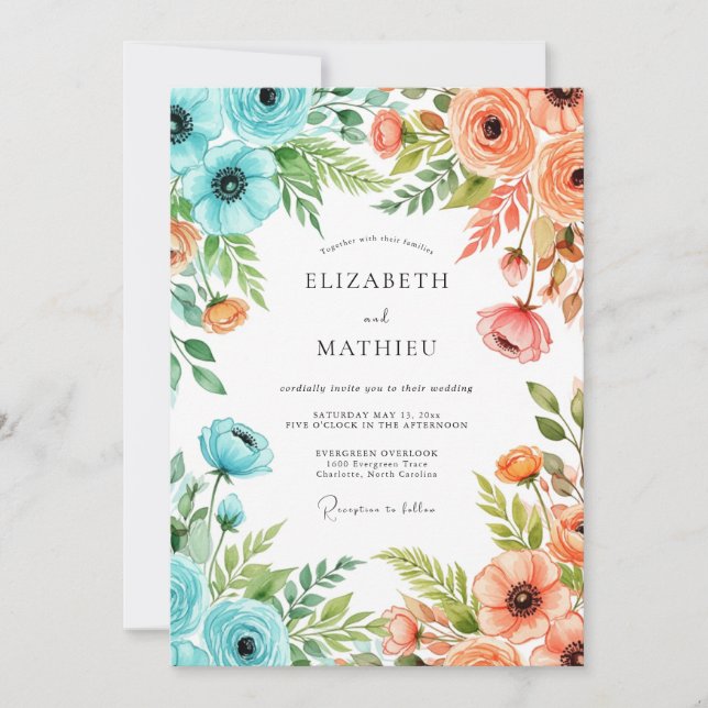 Teal Peach Whimsical Spring Wedding Invitation (Front)