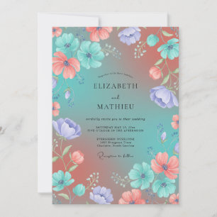 Teal Peach Wildflower Wedding Invitation