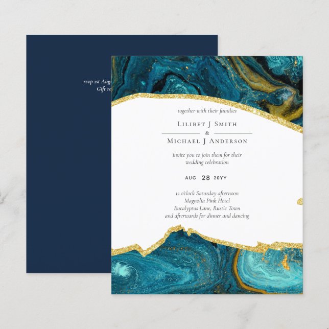 Teal Peacock Blue Gold Agate Wedding (Front/Back)