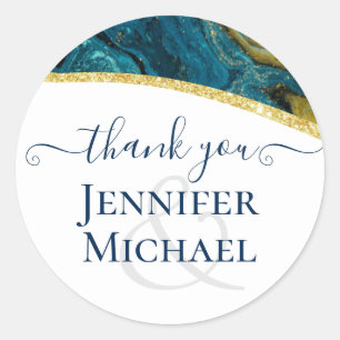 Teal Peacock Blue Gold Agate Wedding Classic Round Sticker