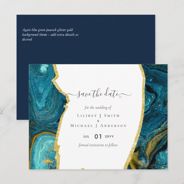 Teal Peacock Blue Gold Agate Wedding Postcard (Front/Back)