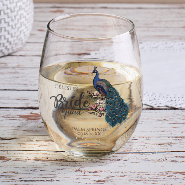 Teal Peacock Bride Squad Bachelorette Party  Stemless Wine Glass (Elegant Bride Squad Blue and Teal Peacock Wine Glass. Hand-Drawn Peacock with Teal Green Feathers.)