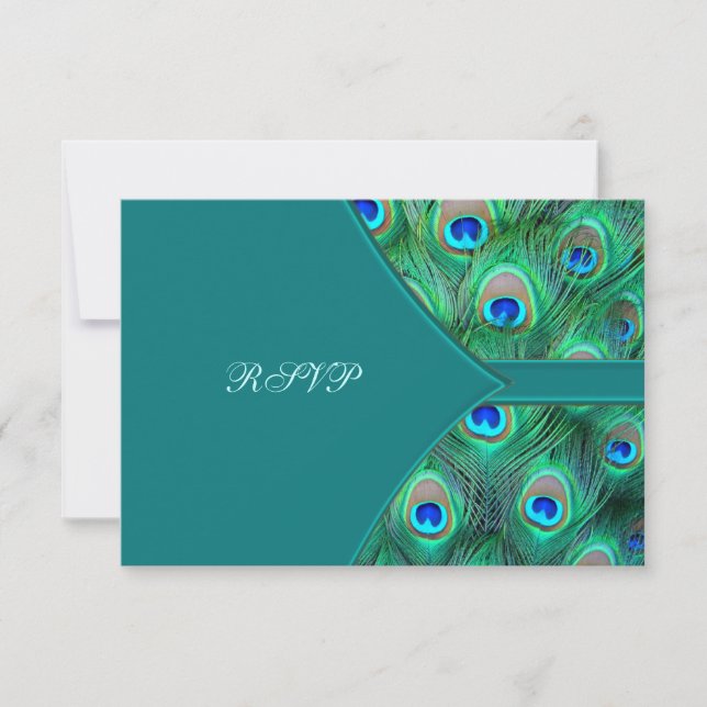 Teal Peacock Elegant Peacock Wedding RSVP Card (Front)