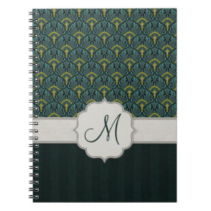 Teal Peacock Fans and Stripes with Monogram Notebook