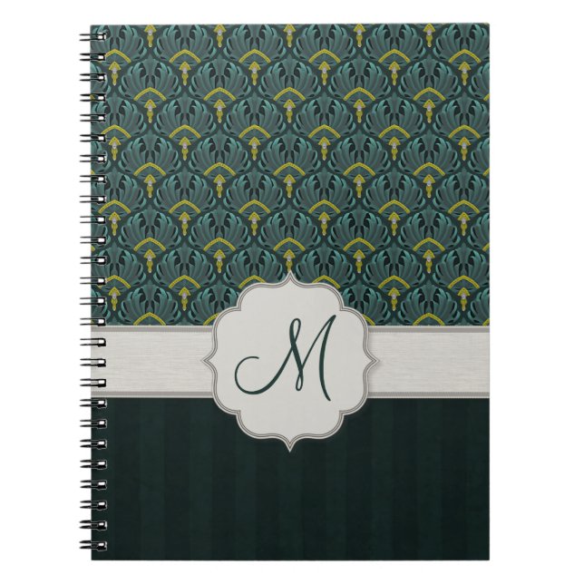 Teal Peacock Fans and Stripes with Monogram Notebook (Front)