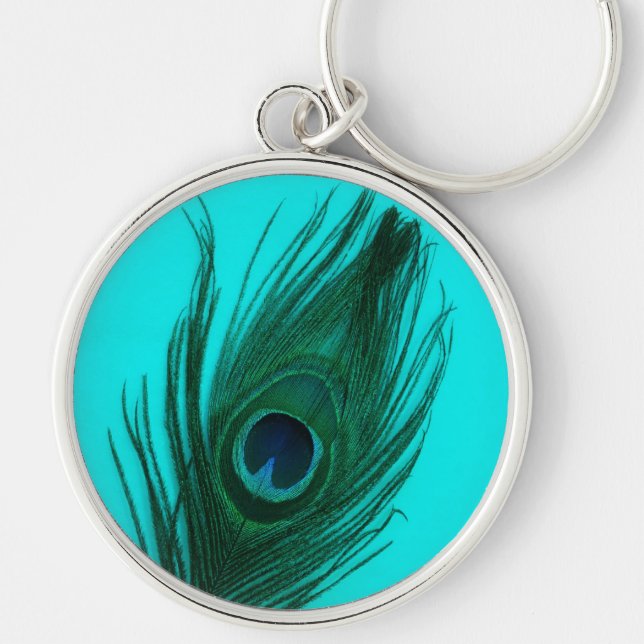 Teal Peacock Feather Large Premium Keychain (Front)