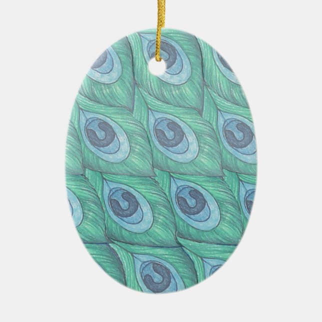 Teal Peacock Feather Pattern Design Ceramic Tree Decoration (Front)