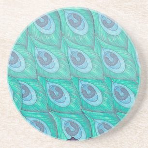 Teal Peacock Feather Pattern Design Coaster