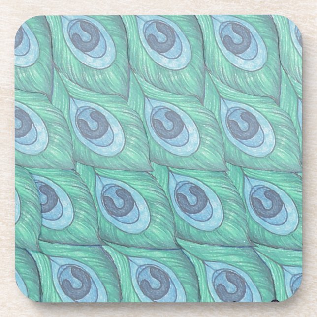 Teal Peacock Feather Pattern Design Coaster (Front)