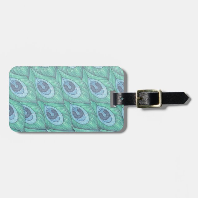Teal Peacock Feather Pattern Design Luggage Tag (Front Horizontal)