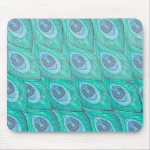 Teal Peacock Feather Pattern Design Mouse Mat
