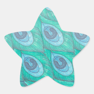 Teal Peacock Feather Pattern Design Star Sticker