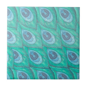 Teal Peacock Feather Pattern Design Tile