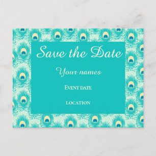 Teal  peacock feather save the date  postcard