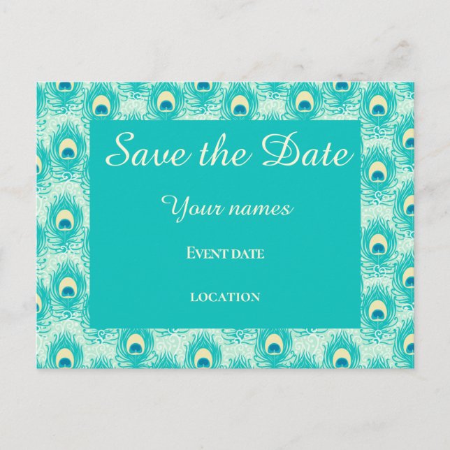 Teal  peacock feather save the date  postcard (Front)