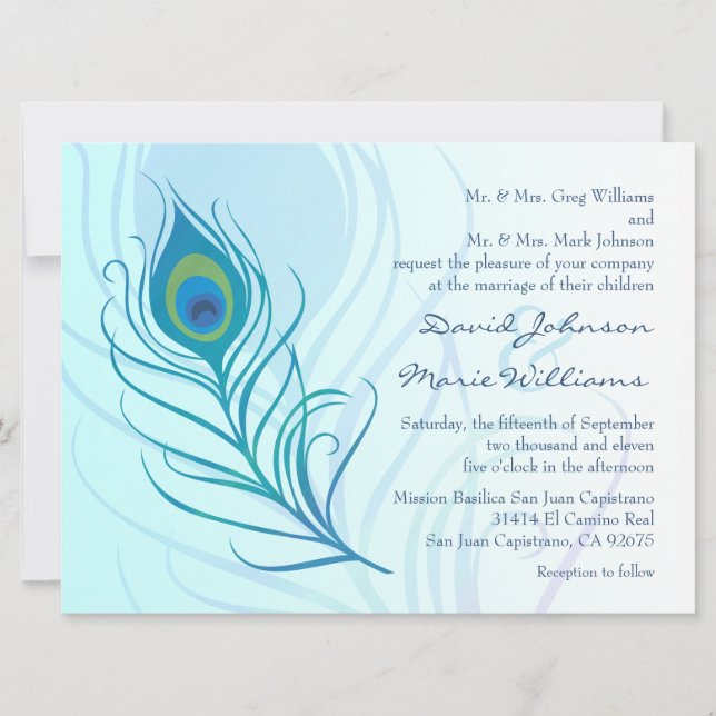 Teal Peacock Feather Wedding Invitation (Front)
