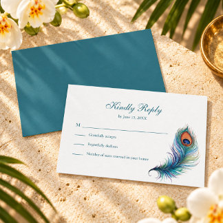 Teal Peacock Feather Wedding RSVP Card