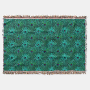Teal Peacock Feathers Pattern Throw Blanket
