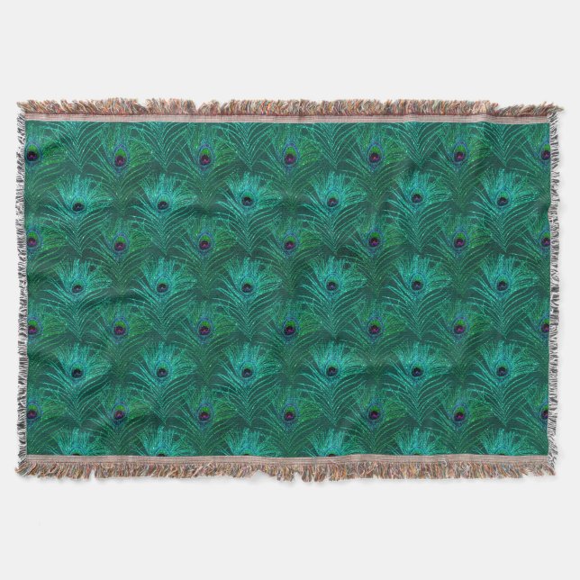 Teal Peacock Feathers Pattern  Throw Blanket (Front)