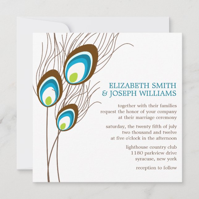 Teal Peacock Feathers Wedding Invitation (Front)