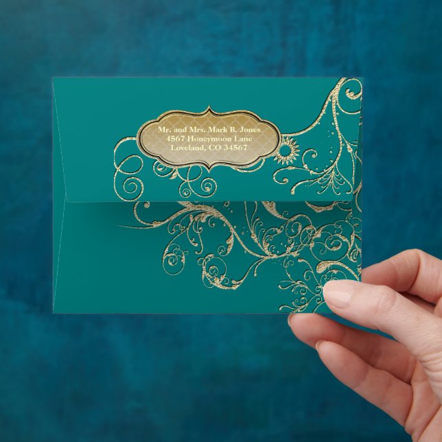 Teal Peacock Gold Swirl Wedding Envelope (Hand)