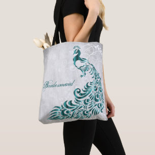 Teal Peacock Leaf Vine Bridesmaid Tote