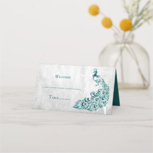 Teal Peacock Leaf Vine Reception Place Card