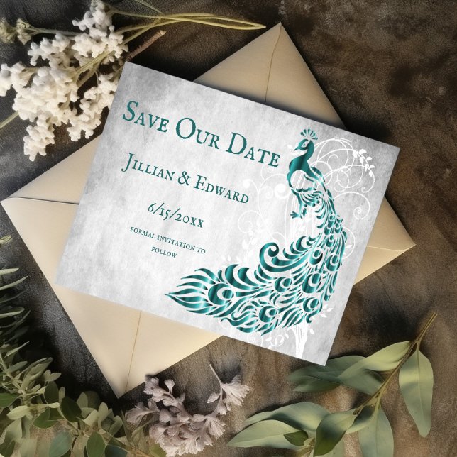 Teal Peacock Leaf Vine Save The Date Announcement (Teal Peacock Leaf Vine Save the Date)