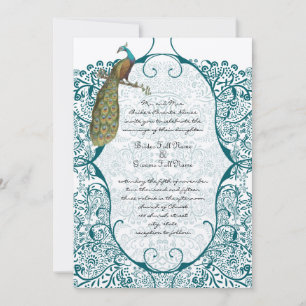 Teal Peacock Love Bird Weddings Invitation