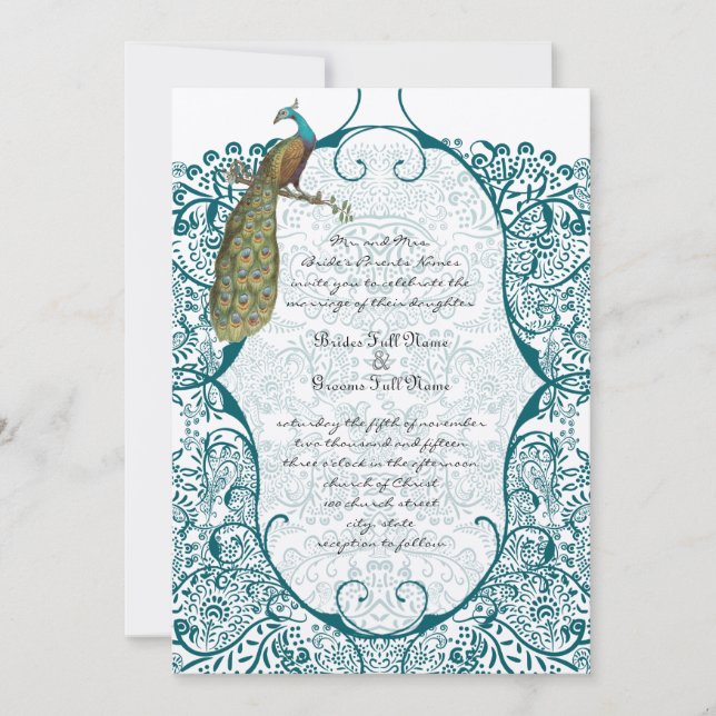 Teal Peacock Love Bird Weddings Invitation (Front)