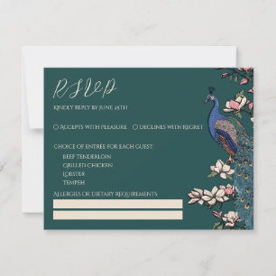 Teal Peacock & Magnolia Wedding RSVP Card
