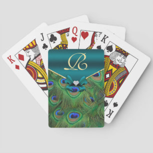 Teal Peacock Monogram Playing Cards