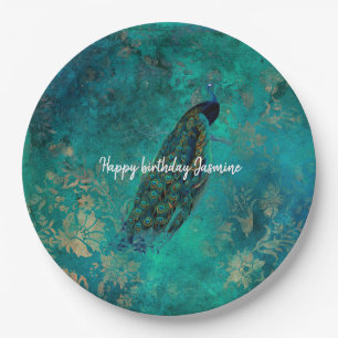 Teal Peacock Paper Plate