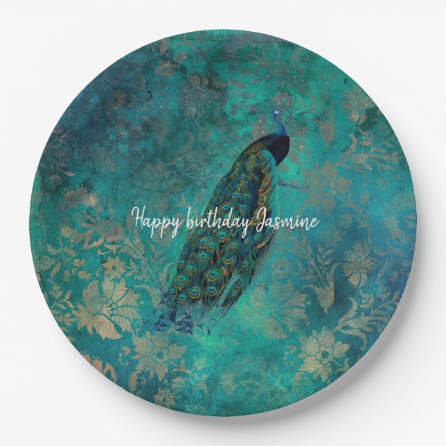 Teal Peacock Paper Plate (Front)