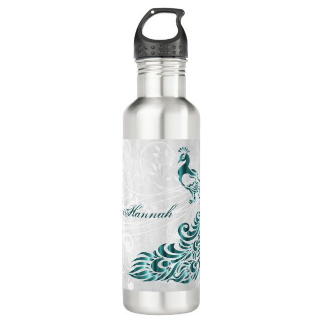 Teal Peacock Personalised 710 Ml Water Bottle (Front)