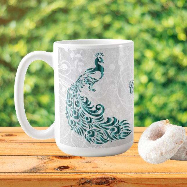 Teal Peacock Personalised Coffee Mug (Teal Peacock Personalized Coffee Mug)