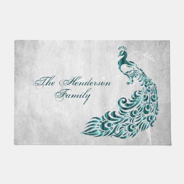 Teal Peacock Personalised Door Mat (Front)