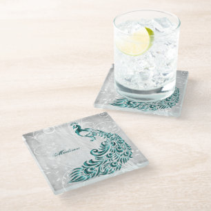 Teal Peacock Personalised Glass Coaster