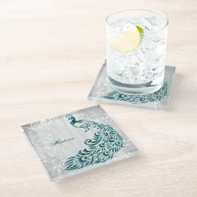 Teal Peacock Personalised Glass Coaster (Angled)