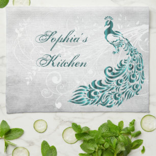 Teal Peacock Personalised Kitchen Towel