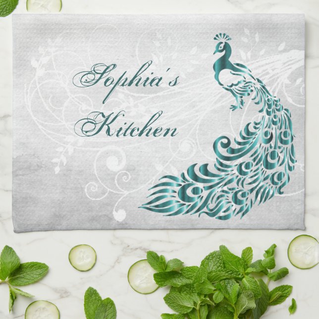 Teal Peacock Personalised Kitchen Towel (Folded)
