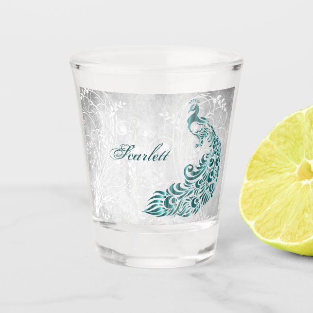 Teal Peacock Personalised Shot Glass (Front)