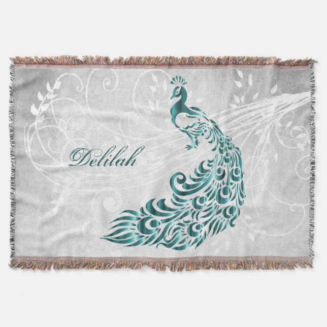 Teal Peacock Personalised Throw Blanket (Front)