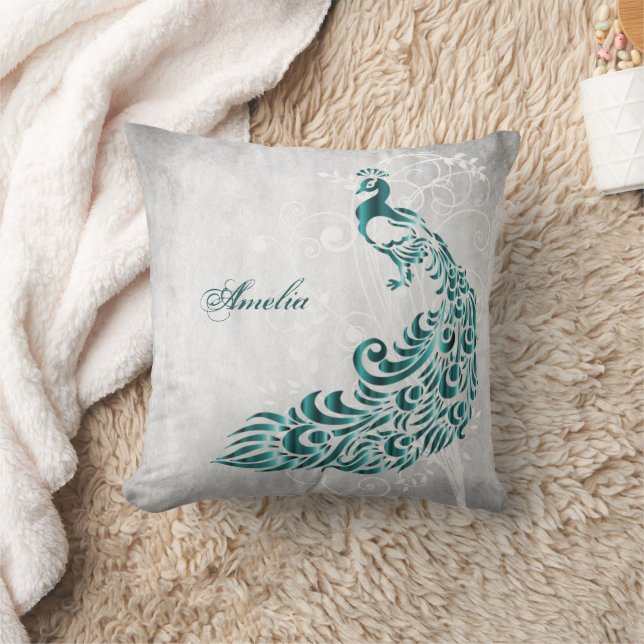 Teal Peacock Personalised  Throw Pillow (Blanket)