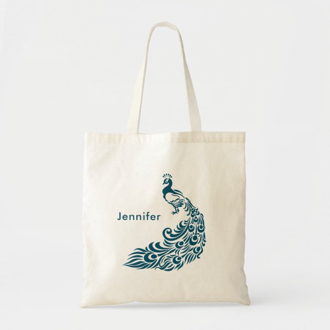 Teal Peacock Stylish Art Deco Design Personalised Tote Bag (Front)