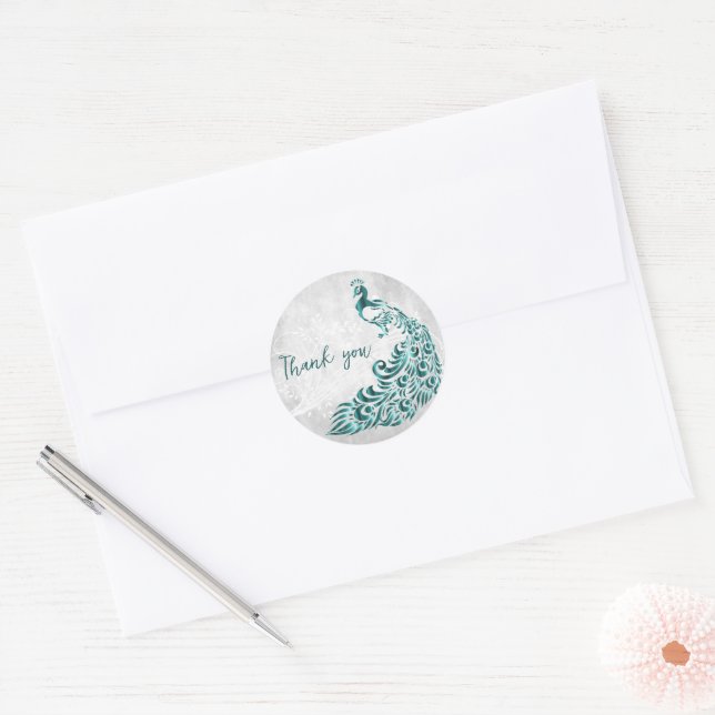 Teal Peacock Thank You Classic Round Sticker (Envelope)