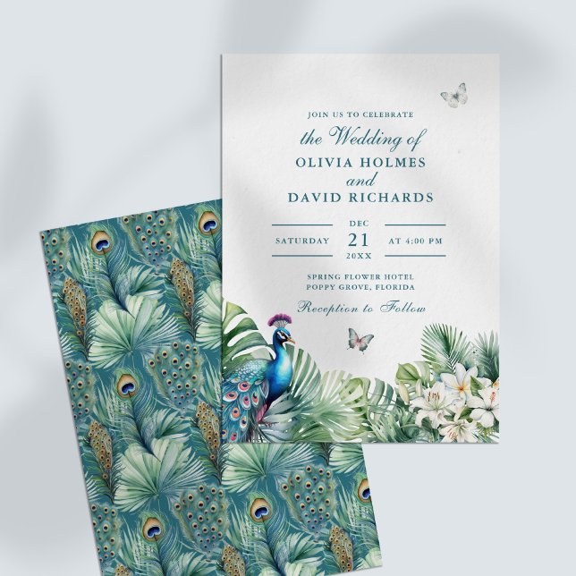 Teal Peacock Tropical Flowers Butterfly Wedding Invitation (Teal Peacock Tropical Flowers Butterfly Wedding Invitation)