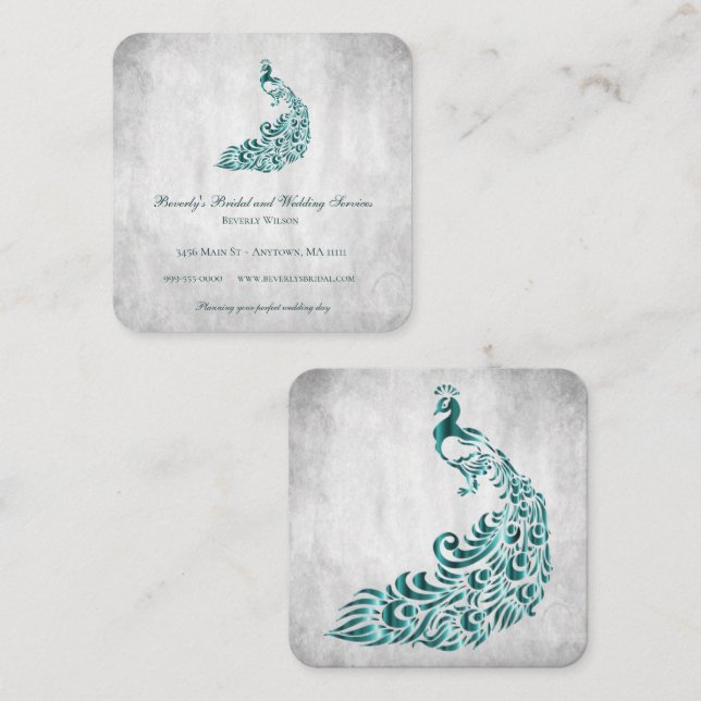 Teal Peacock Wedding and Bridal Services Square Business Card (Front/Back)